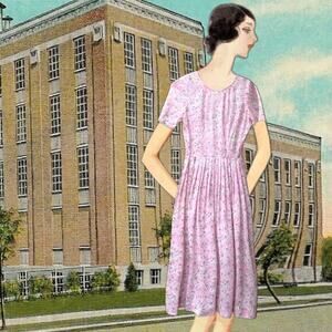 1950's Pink Daisy Semi-Sheer Nylon Pennypacker Day Dress Side Zipper Size Small